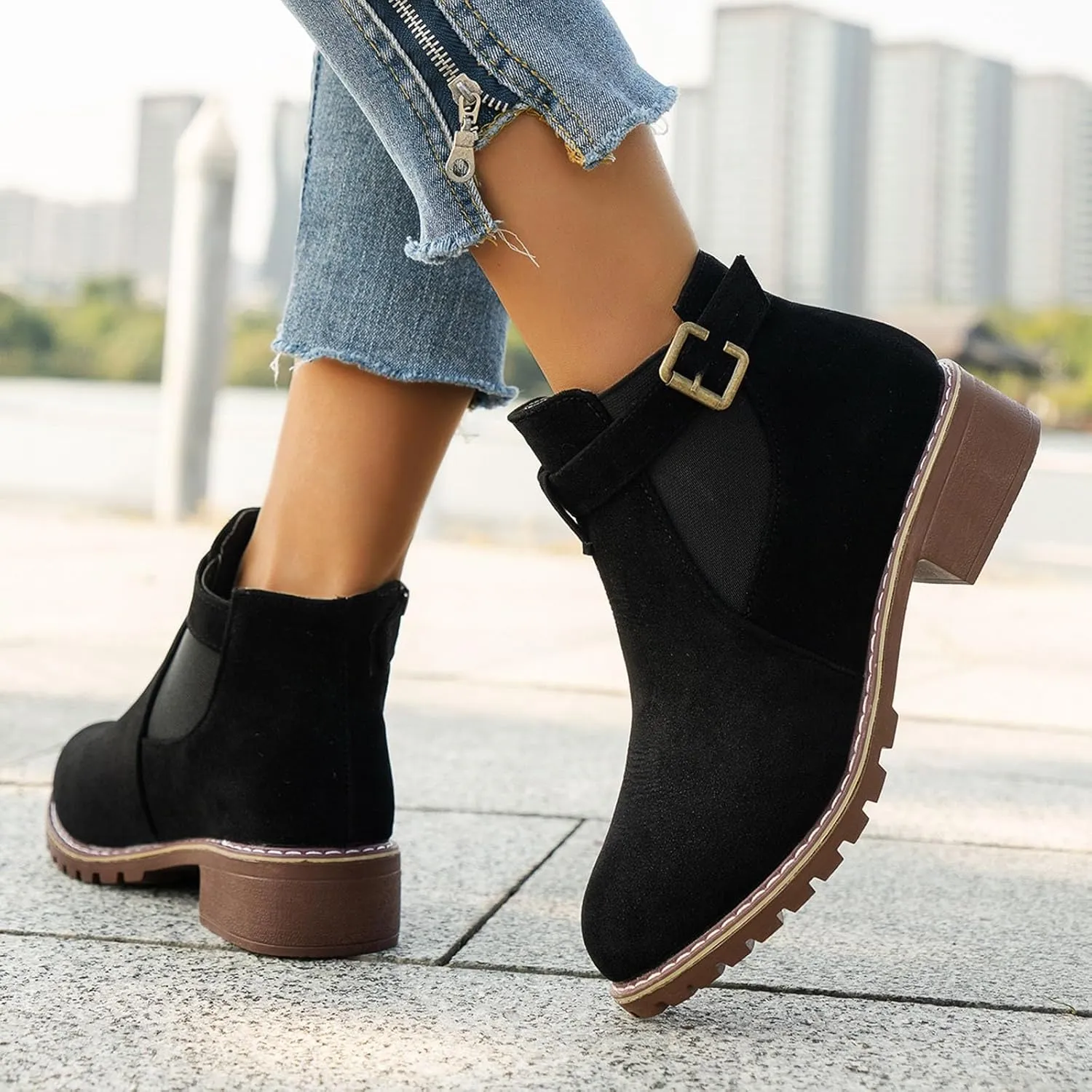 Womens Ankle Boots Round Toe Low Heel Comfort Elastic Booties Casual Dress Fall Short Short Boots with Buckle Strap