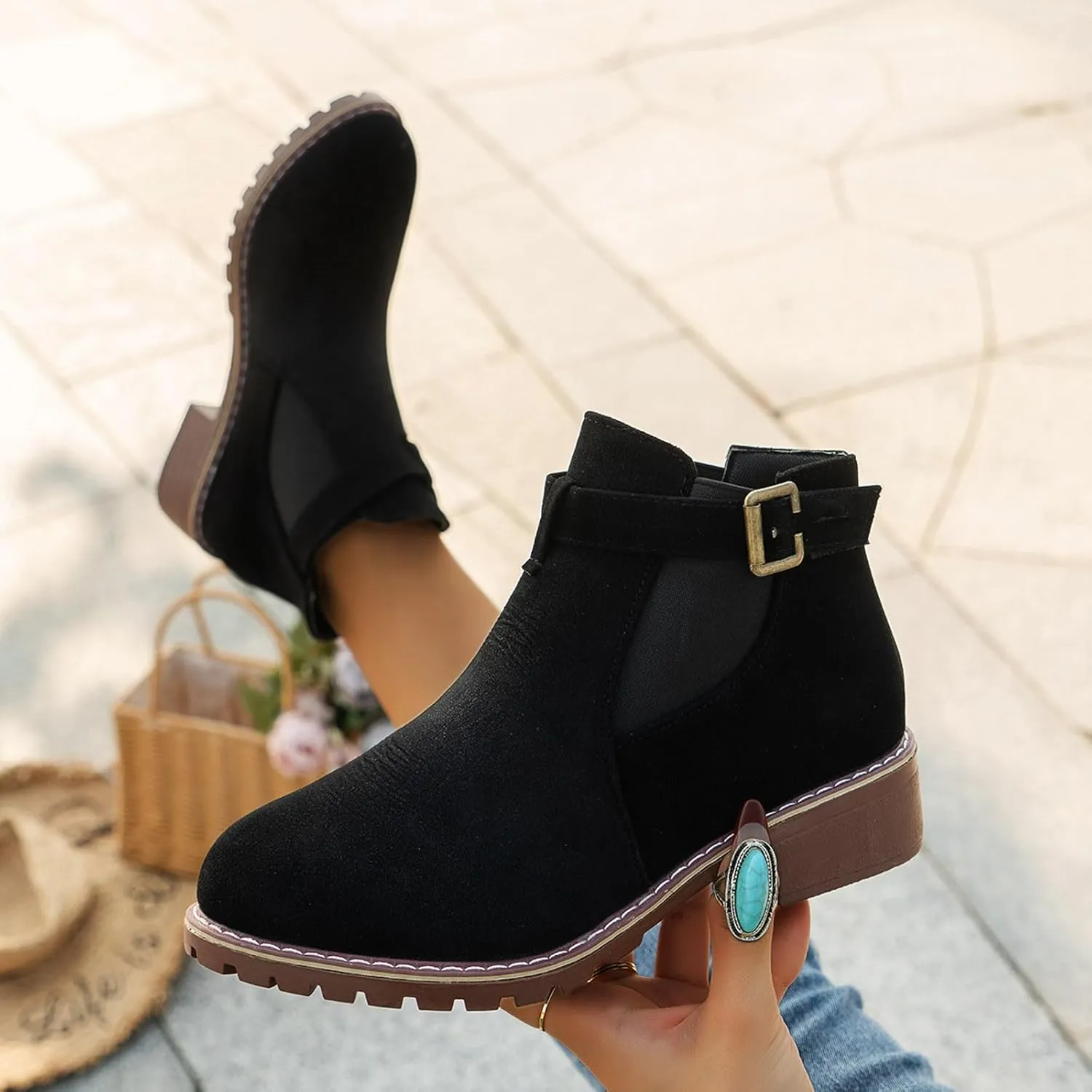 Womens Ankle Boots Round Toe Low Heel Comfort Elastic Booties Casual Dress Fall Short Short Boots with Buckle Strap