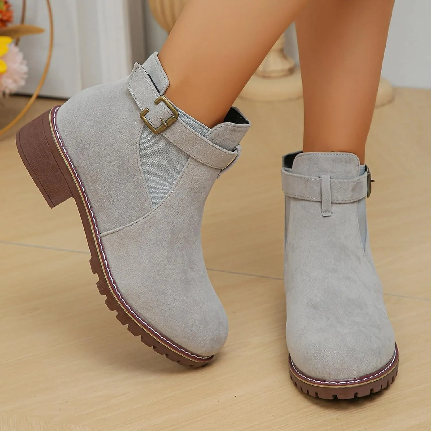 Womens Ankle Boots Round Toe Low Heel Comfort Elastic Booties Casual Dress Fall Short Short Boots with Buckle Strap
