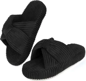 Women's Comfy Memory Foam Corduroy Bow Slip-On Open Toe Bedroom Slides Home Slippers Indoor/Outdoor