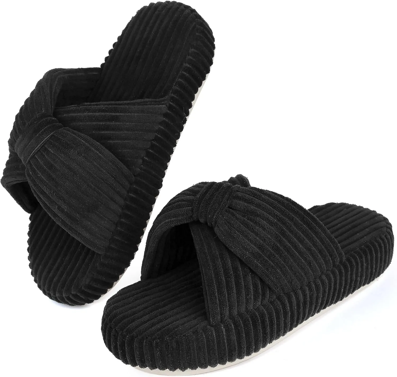 Women's Comfy Memory Foam Corduroy Bow Slip-On Open Toe Bedroom Slides Home Slippers Indoor/Outdoor