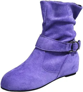 Women's Mid Calf Boots Round Toe Wide Calf Slouchy Boots Flat Heel Comfortable Shoes with Side Zipper Buckle Strap