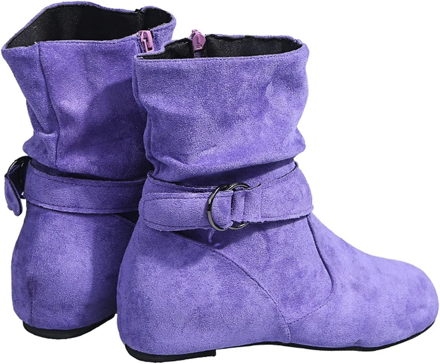 Women's Mid Calf Boots Round Toe Wide Calf Slouchy Boots Flat Heel Comfortable Shoes with Side Zipper Buckle Strap