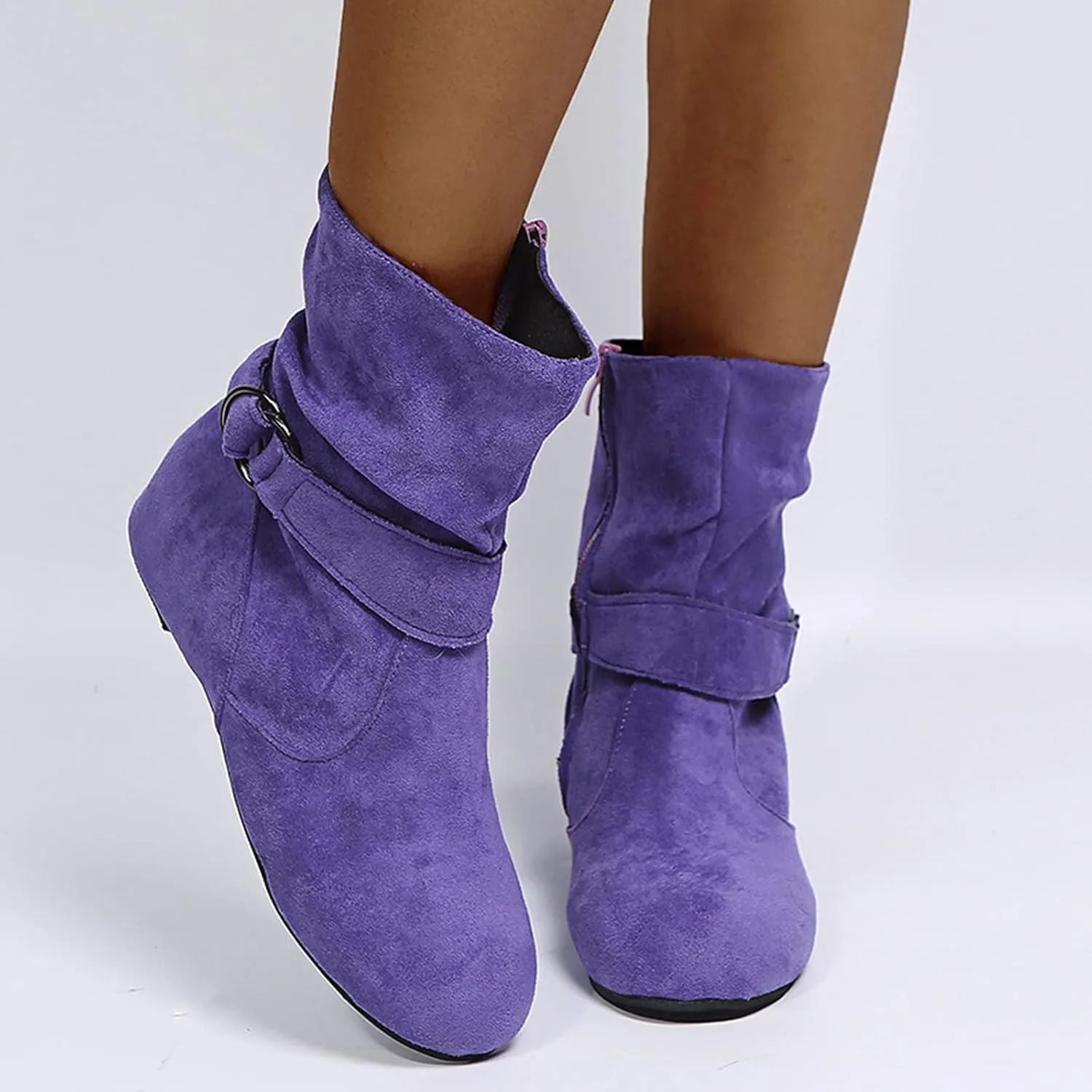 Women's Mid Calf Boots Round Toe Wide Calf Slouchy Boots Flat Heel Comfortable Shoes with Side Zipper Buckle Strap