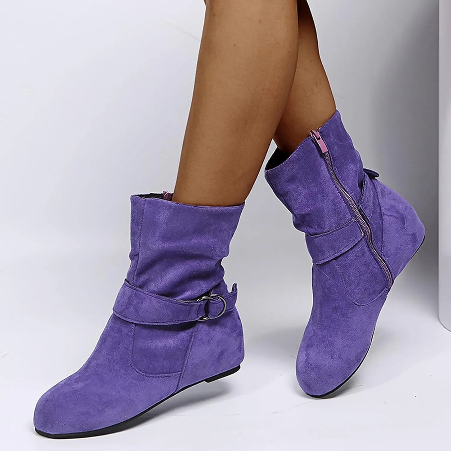 Women's Mid Calf Boots Round Toe Wide Calf Slouchy Boots Flat Heel Comfortable Shoes with Side Zipper Buckle Strap