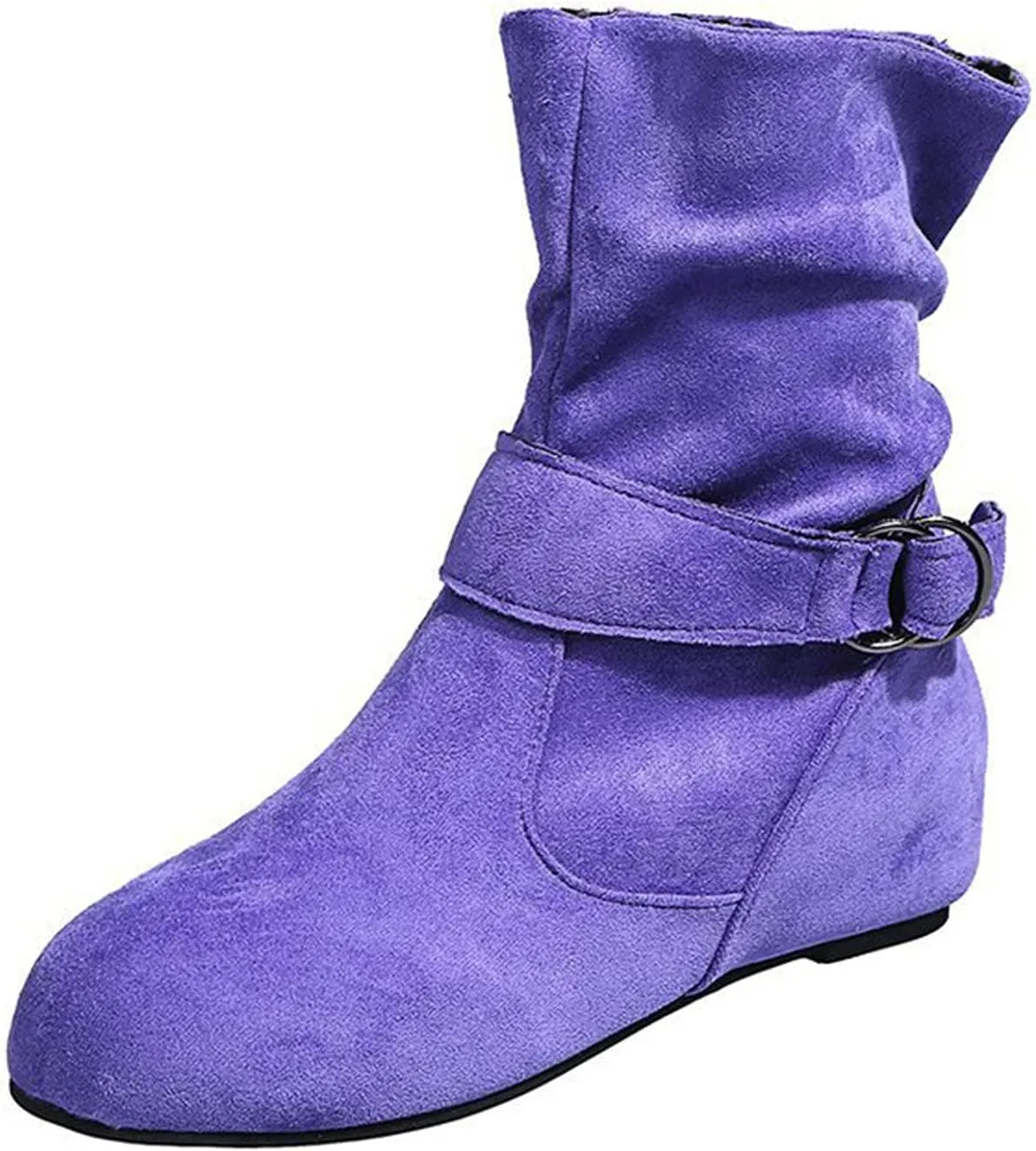 Women's Mid Calf Boots Round Toe Wide Calf Slouchy Boots Flat Heel Comfortable Shoes with Side Zipper Buckle Strap