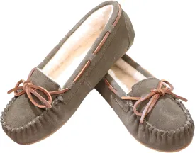 Women's Moccasin Slippers Cow Suede Warm Faux Fur Pile Lined Lace-Up Bow Cozy Indoor & Outdoor Slip On Loafers Shoes for Women