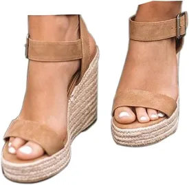 Women'S Wedge Sandals Platform, Ankle Strap Wedge Sandals Open Toe Casual Summer Straw Woven Classic Wedge Sandals