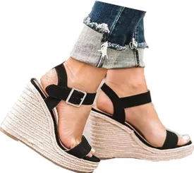 Women'S Wedge Sandals Platform, Ankle Strap Wedge Sandals Open Toe Casual Summer Straw Woven Classic Wedge Sandals