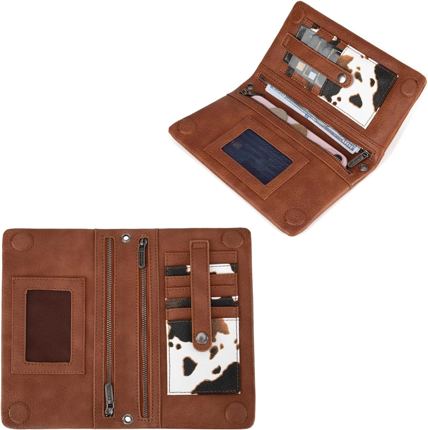 Wrangler Wristlet Wallet RFID Blocking Clutch Bifold Purse Women Credit Card Holder Cow Print with Crossbody Strap