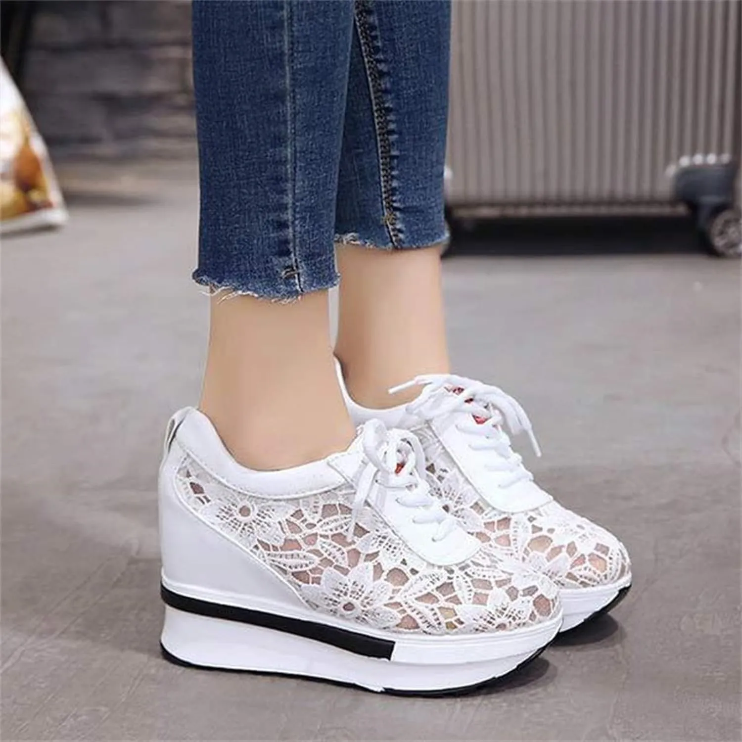 Yanzhenglip Wedge Sneakers for Women Hidden High Heeld Sneakers Dressy Lace Up High Top Sneakers Fashion Orthopedic Walking Shoes Breathable Lace Embroidery Running Shoes Casual Platform Sneakers