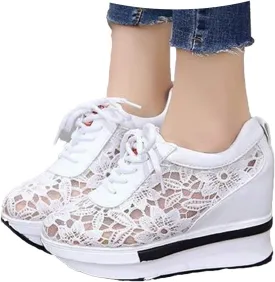 Yanzhenglip Wedge Sneakers for Women Hidden High Heeld Sneakers Dressy Lace Up High Top Sneakers Fashion Orthopedic Walking Shoes Breathable Lace Embroidery Running Shoes Casual Platform Sneakers