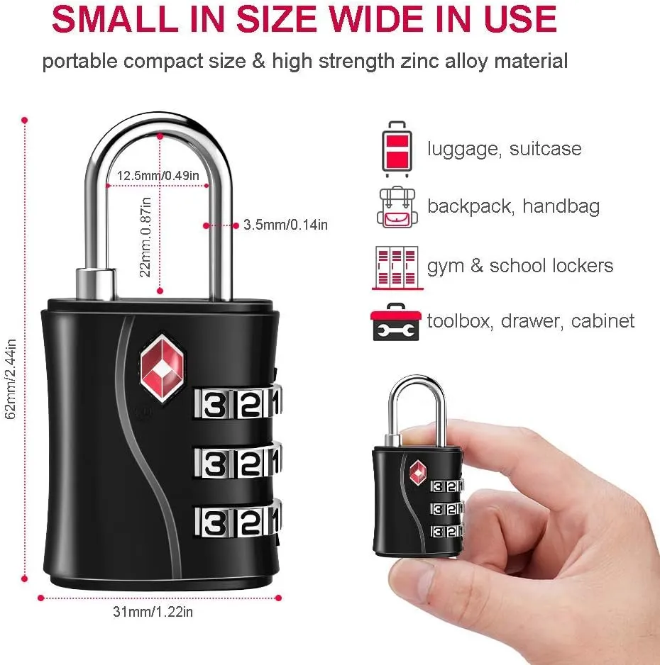 ZHEGE TSA Locks for Luggage, 3 Digit Luggage Lock with Flexible Cable (80cm) for Travel, School, Backpack, Suitcases, Gym Locker (Black, 2Pack)