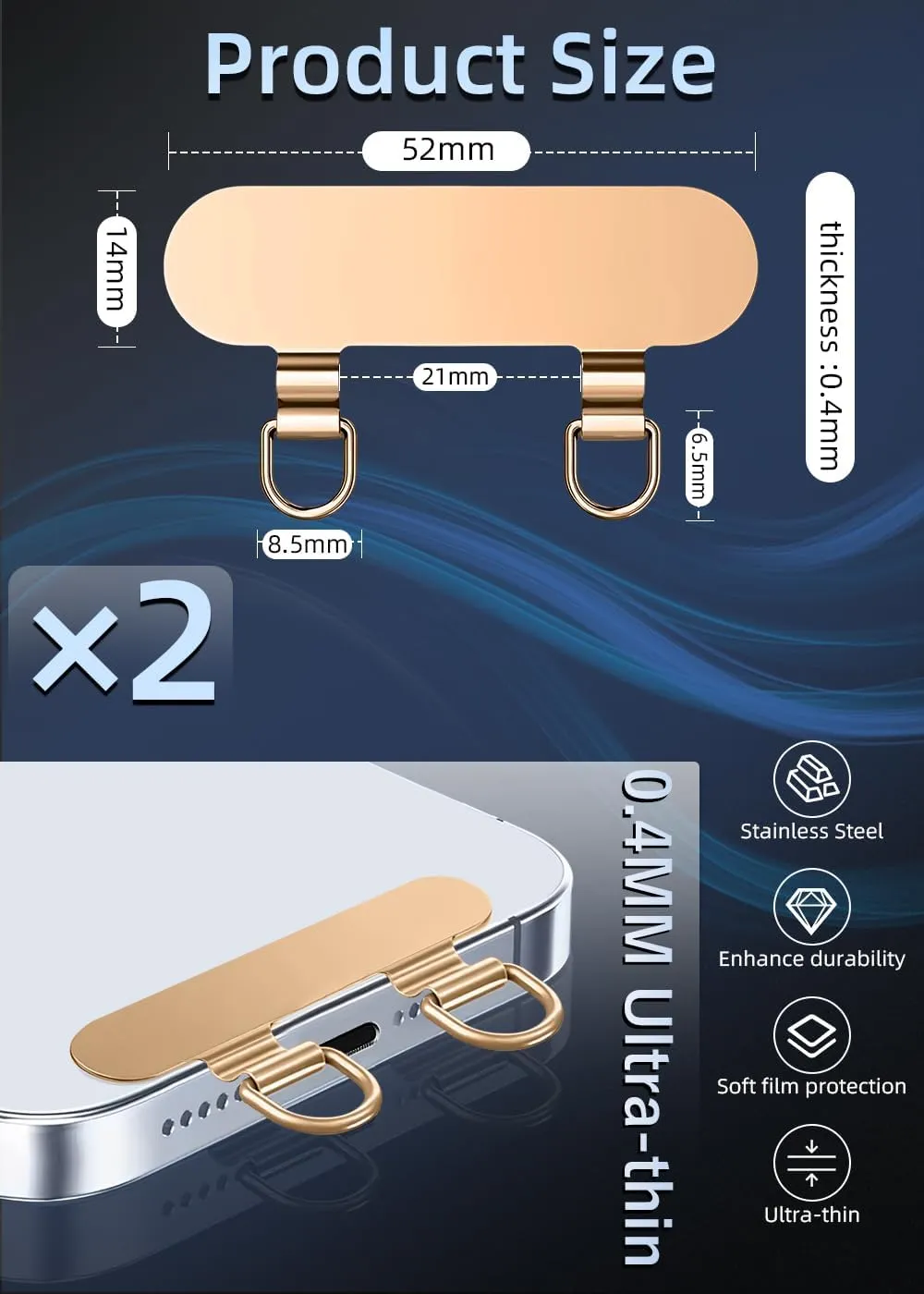 ZXZone 2 Way Metal Tab Tether, Upgraded Double Buckle Hole Ring Cell Lanyard Patch, Phone Strap Replacement Part for iPhone Cases (T, 2 Pieces) (Gold)